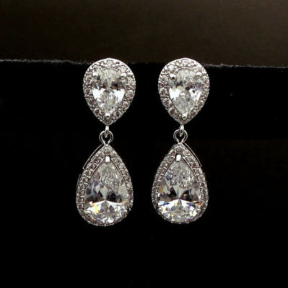 White Gold Plated Rhinestone Statement Earrings - Picture 5 of 6